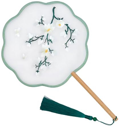 Curqia 1 éventail chinois Hanfu rond, brodé des deux côtés à huit pétales style gardénia pour des occasions élégantes, convient pour un mariage