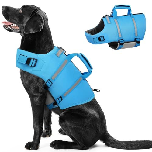 PUZAUKAL Giubbotto Salvagente Cane Ripstop Salvagente per Cani con Manico e Strisce Riflettenti Giubbotto di Salvataggio per Cani regolabile con Buona Galleggiabilità per Nuoto,Spiaggia,Blu-XL
