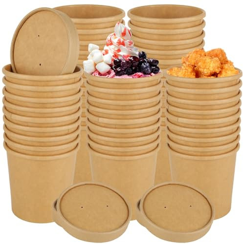 VIDETOL 50 PCS Kraft Soup Containers with Lids, 12 oz Disposable Soup Cups, Brown Food Containers for Ice Cream, Hot Soup, Salad