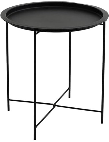 Acomoda Textil – Mesa Auxiliar Plegable de Metal para Recibidor, Salón y Oficina. Mesita de Café Redonda para Centro con Bandeja Extraíble Decorativa, Cómoda y Ligera 47x51 cm. (Negro)
