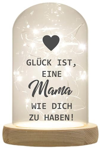WB wohn trends LED-Glaskuppel, Glück ist eine Mama wie Dich zu haben, 16,5x11cm, Glasglocke mit LED-Licht und Holz-Fuß LED-Laterne LED-Lampe mit Text Spruch
