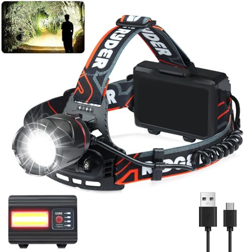 Head Torch Rechargeable,Head Torch Battery Powered, Super Bright 3000 High Lumen with 3+4 Modes Waterproof Zoomable Headtorch,135° Adjustable for Outdoor Exploring Cycling, Fishing, etc.