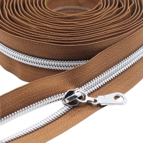 YaHoGa Cerniera senza fine argento 9 m al metro, chiusura lampo marrone, spirale da 6 mm + 25 cursori non bloccanti (marrone argento) | Nylon a spirale da 6 mm con 25 cursori non bloccanti