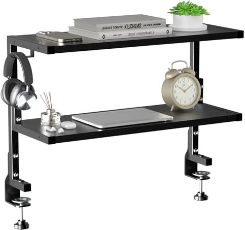 PUTORSEN 24-Zoll Clamp-on Schreibtisch Organizer - 2 Tier Schreibtisch Regal DIY Regal unter Schreibtisch für Gaming-Geräte, Tischzubehör und mehr, Schwarz