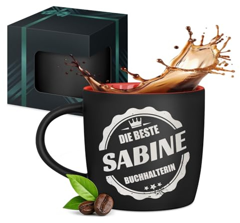 Maverton schwarzer Keramik Kaffeebecher 400ml mit Gravur, Kaffeetasse | Aus Matt Keramik mit Henkel für Frauen zum Geburtstag zu Weihnachten, Trinkbecher matt schwarz, Innen rot, Krone