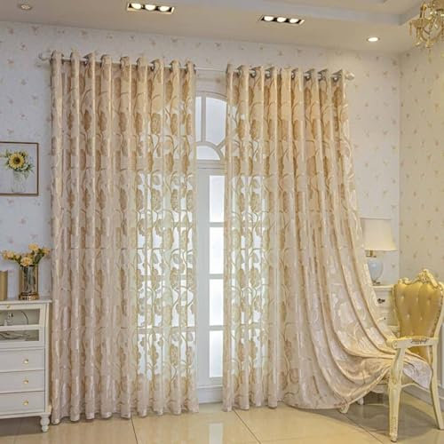 Bishilin Vorhänge Lichtdurchlässig 96x214CM, Gardinen Beige Ösen 2er Set Landhausstil Jacquard mit Blumen Muster Polyester Gardinen Halbtransparent für Kinderzimmer Wohnzimmer Küche