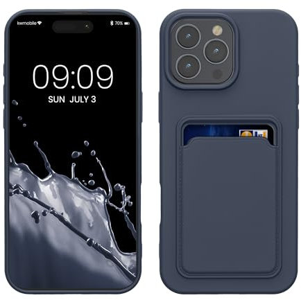 kwmobile Case Compatible with Apple iPhone 16 Pro Max Case - TPU Phone Cover with Credit Card Holder - Dark Blue