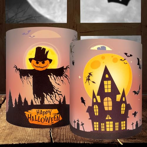 Toptime Windlicht Halloween Deko, 16 Stück Teelichthalter mit Vogelscheuche Burg Fledermaus für Tischdeko, Gruselig Windlichter für Teelichter oder Kerzen, Halloween Party Dekoration Innen Outdoor