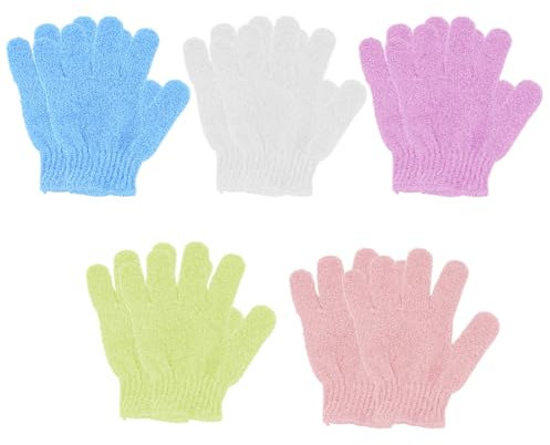 QEDBOJE Lot de 10 Gant Exfoliant Corps, Gommage Doux, Massage, Visage, pour Hommes Femmes Et Enfants, Gants De Bain à Cinq Doigts, Exfoliation Douche (Blanc+Rose+Violet+Vert+Bleu)