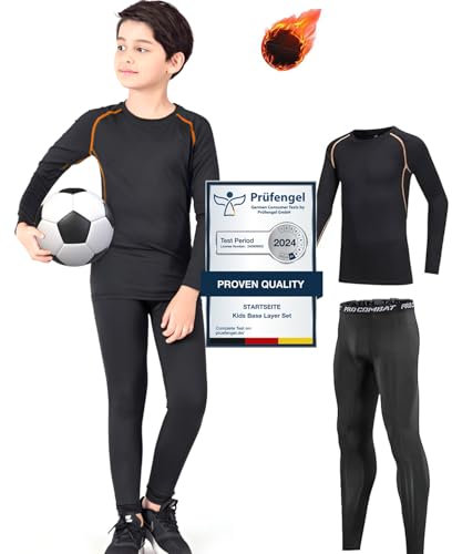 Kids Base Layer - Athletic Kids Thermal Long Sleeve Top and Leggings Compression Set for Sport Football Basketball Ski Orange