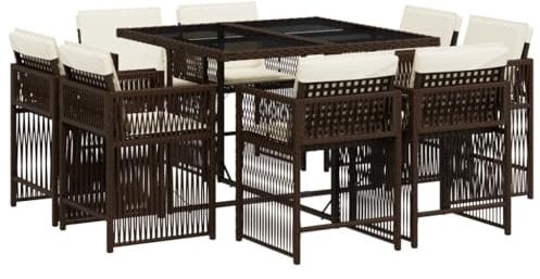 vidaXL Garten Essgruppe 9-TLG., Gartenmöbel Set Tisch mit 8 Stühle, Gartengarnitur mit Kissen, Sitzgruppe Essgarnitur Terrasse, Braun Poly Rattan