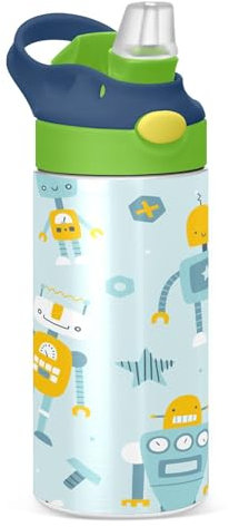 Sevdomey Cute Blue Robots Kids Water Bottle with Straw for Girls Boys, Stainless Steel Insulated Leakproof Water Bottle 350ml for School Nursery Travel Sports