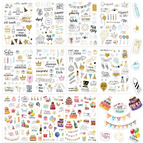 GROFIS Sticker Geburtstag Set (347 Motive), Selbstklebende Aufkleber Geburtstag, Birthday Stickers für DIY Geburtstagskarten Geschenke Gästebuch Fotoalbum Scrapbook, Party-Deko für Erwachsene & Kinder
