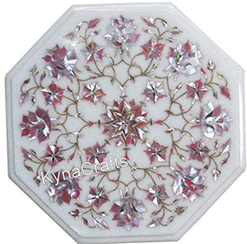 Table basse rose 33 x 33 cm avec incrustations en forme octogonale en marbre blanc pour décoration d'intérieur