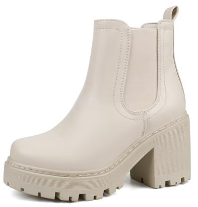 JABASIC Chelsea Boots Damen Stiefel Plateau Klassische Stiefeletten mit Absatz (41,Beige)