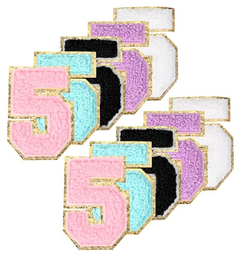 PATIKIL Chenille Number Patches, 10 Pcs Iron on Number Patch Number Embroidered Patch Glitter Applique for Hat Jacket Clothing Bags DIY Decoration Backpack, Number 5