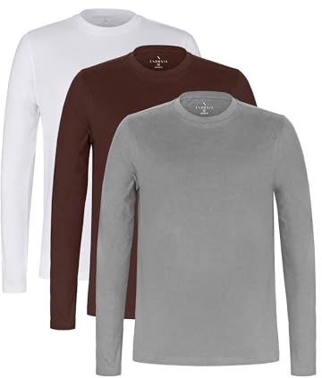 Enorsia Mens Cotton Long Sleeve T-Shirt 3 Pack-Classic Crew Neck Tees with Soft, Breathable Fabric for Everyday Casual Wear - Regular Fit (UK, Alpha, M, Regular, Regular, White/Chocolate/Grey)