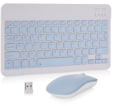 MAYPHY Wireless Mini Keyboard Mouse Combo, Portable Bluetooth Keyboard, 2.4G /BT Dual Mode for iPad, Tablets, Laptops, Silent Keys & Compact Design, UK Layout, Blue