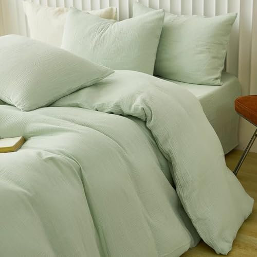 Nayoroom Musselin Bettwäsche 135x200 Baumwolle Grün Angenehme Aesthetic Bettwäsche-Sets 2teilig Salbeigrün Modern Einfarbig 100% Baumwoll Bettbezug mit Reißverschluss und 1 Kissenbezug 80x80 cm