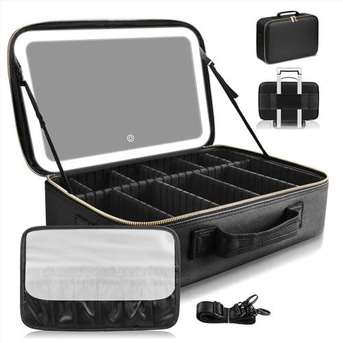 38x28CM Borsa per il trucco di grande capacità con specchio LED, custodia per il trucco professionale con luci a 3 colori, borsa per il trucco da viaggio con divisori staccabili e tracolla(Nero)