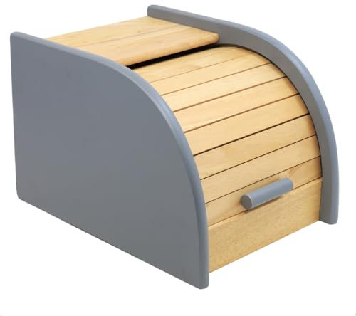 Bread Bin Grey Rubberwood Roll Top Loaf Pastries Food Storage Box Kitchen Small