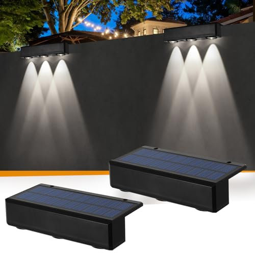 Solar Zaunleuchten für Garten im Freien, 2 Pack 3 LED Solar Wandleuchten Wasserdichte Solar Treppenleuchten Solarbetriebene Stufenleuchten für Außenbereich Garten Hof Treppe Terrasse Deck (Kaltweiß)