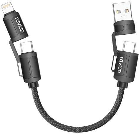 RAVIAD Multi Charger Cable Short 50CM, 4 in 1 3A USB Fast Charging Cord 60W PD Multi Charging Cable USB C/USB A to Lightning, USB C/USB A to USB C for iPhone 16/15, Galaxy S24/S23, LG - Black