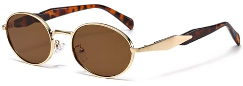 Long Keeper Vintage Ovale Sonnenbrille Metall Klein Retro Sonnenbrille Rund 90er Modisch Oval Brille UV400 Schutz Klassisch Sonnenbrillen für Damen Herren (Gold Leopard Rahmen – Braun Gläser)