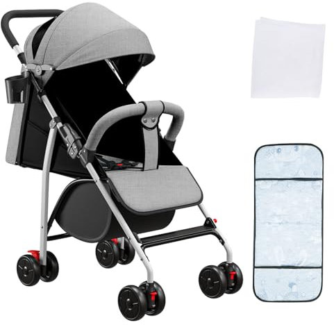 Kinderbuggy, Kinderwagen mit Sonnenschirm, Kinderwagen Zusammenklappbar, Buggy mit Liegefunktion, Kann Sitzen oder Liegen (grau-B)