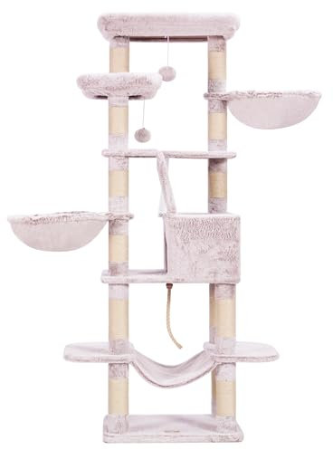 Heybly Arbre à Chat, Hauteur 173 cm Tour de Jeux, avec 2 Plateformes, 17 Griffoirs, 1 Planche à Griffer, 2 Panier, 1 Niche, 1 Hamac, 2 Pompons, Tissu Peluche, Multi-Niveaux, Marron Beige HCT025MU