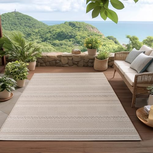 HomebyHome Outdoor Teppich Beige 240x340 cm, Wetterfest & UV-beständig, ideal für Küche, Balkon, Terrasse, Garten auch Wohnzimmer und Esszimmer, Skandinavisches Boho-Design, Leicht zu Reinigen