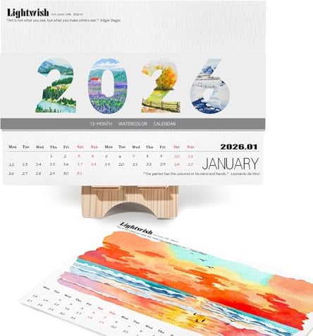 Lightwish Aquarell-Kalenderpapier für 2026, 100 % Baumwolle, 12 Blatt, 300 g/m², säurefreies, kaltgepresstes Aquarellpapier, Kunstbedarf für Aquarellhandwerk und DIY-Medien