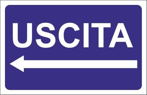 M-ITALY CARTELLO SEGNALETICO - USCITA BLU CON FRECCIA A SINISTRA - Adesivo Extra Resistente, Pannello in Forex, Pannello In Alluminio (Alluminio, 20x31 cm)