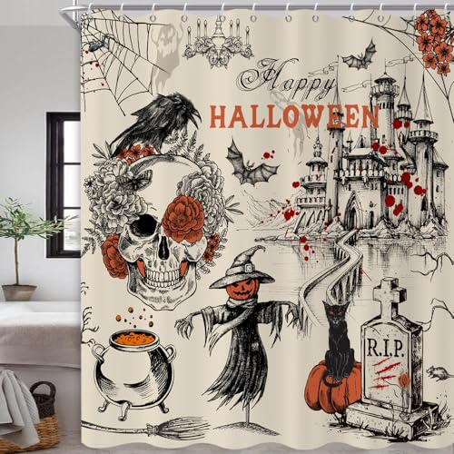 GCIREC Duschvorhang, 180x200cm, Beige Halloween Haus Totenkopf Friedhof Kreuz Kürbis Spuk Wasserdichter Stoff Maschinenwaschbarer Badezimmervorhang mit Haken