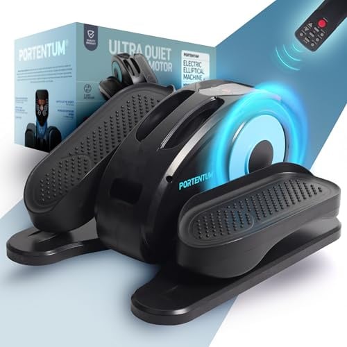 PORTENTUM Mini Ellipsentrainer für Zuhause elektrisch – Automatisch und manuell mit 5 oder 12 Geschwindigkeiten, mit oder ohne Widerstandsbänder – Pedaltrainer für Senioren mit Fernbedienung