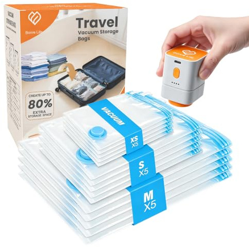 Bonre Life 15-Pack Travel Vacuum Bags with Rechargeable Pump, 3 Sizes | 16/20/24 Inch, 5 Clear Bags per Size, 4500Pa Type-C Pump, Space-saving design, Dual-Zipper Seal, Reusable PA+PE