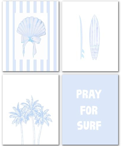 Wandkunstdrucke, ohne Rahmen, kokett, blaue Schleife, Strand, Surfen, Wandkunstdrucke, Strandzimmerdekoration, blau gestreifte Palme, Surfbrett, Küste, Wanddekoration, Poster für Mädchenzimmer