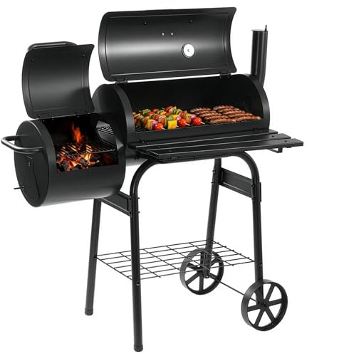LEHMANN Barbecue a Carbonella e Affumicatore 2 in 1, BBQ Griglia di Cottura XXL, Coperchio con Termometro e Maniglia Antiscottatura, 2 Ruote, Tavolini Laterali Pieghevoli & Ripiano Inferiore, Nero