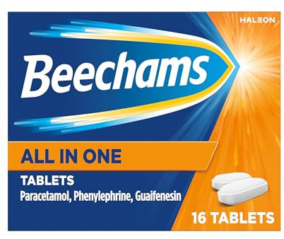 Beechams All In One Cold and Flu Tablets, Cough Medicine for Adults & Headache Relief with Paracetamol, 16 Count