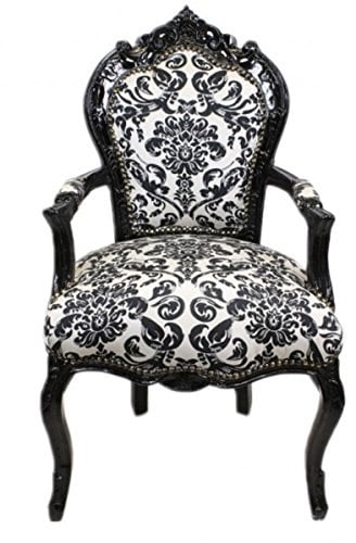 Casa Padrino Barock Esszimmer Stuhl Blumen Muster Schwarz/Weiß mit Armlehnen