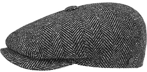 LIERYS Fischgrat Flatcap (Schiebermütze) für Herren, Hatteras Cap gefertigt aus Schurwolle (Tweed) mit klassischen Fischgräten Muster (L/58-59, schwarz)