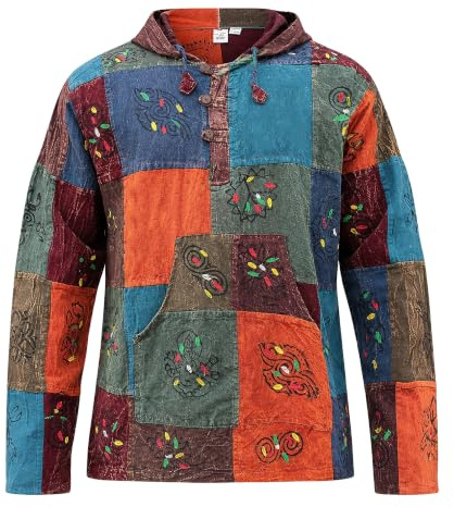 SHOPOHOLIC FASHION mit Kapuze steinwäsche Patchwork Blockmuster Opa Hippie Hemd - Gemischte Farben, Mehrfarbig, Large