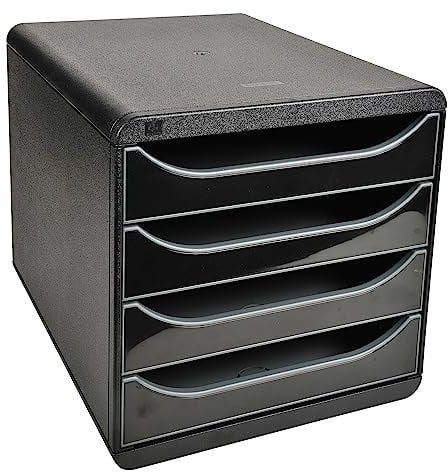 Exacompta 3104214D Premium Ablagebox mit 4 Schubladen für DIN A4+ Dokumente. Belastbare Schubladenbox mit hoher Kapazität für mehr Platz auf dem Schreibtisch Big Box Glossy Schwarz|Grau