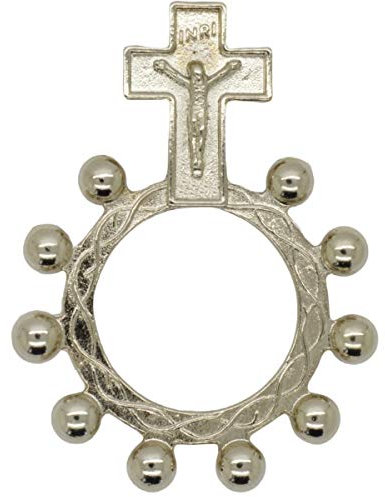 Junker Kirchenbedarf Fingerrosenkranz Metall Silber, 4,5cm - Gebetsring mit Kruzifix INRI und verziert mit geflochtenem Rosenkranz