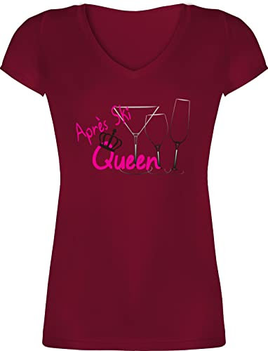 T-Shirt Damen V Ausschnitt - Skiurlaub - Après Ski Queen - Apres Ski Party Outfit Mottoparty - S - Bordeauxrot - Shirt skishirts Skifahren apre Tshirt Fasching après-ski-Party-Outfit Wintersport