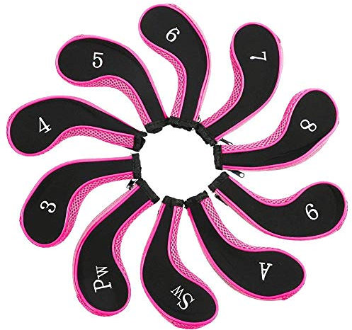 MamimamiH 10pcs Golf Long Neck Iron Zippered Head Covers Headcover Fit All Brands Titleist, Callaway, Ping, Taylormade, Cobra, Etc 3-Sw (Pink/Black)