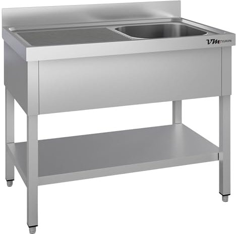 VM Europa - Gastro Spültisch mit Abtropffläche - 140 x 60 cm - Freistehend mit Becken rechts - AISI 430 Edelstahl - Gastronomie Spüle Waschtisch Spülbecken Gastrospüle Gewerbeküche
