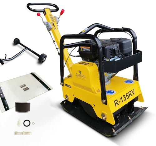 BAMATO Rüttelplatte R-135RV | mit Vor- und Rücklauf | inkl. XXL-Zubehörkit | 25 kN Verdichtungsdruck | inkl. Fahrwerk | massive Stahlkonstruktion | Bodenverdichter Rüttler