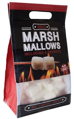 BBQ Marshmallows - Barbecue Süßigkeitsschmaus - Flauschig, Fettfrei und Glutenfrei - Schaumzucker-Süßigkeit für Lagerfeuer-Erlebnisse, 300g Beutel mit 6 Holzstäben - Schoko-Fondue oder Backspaß