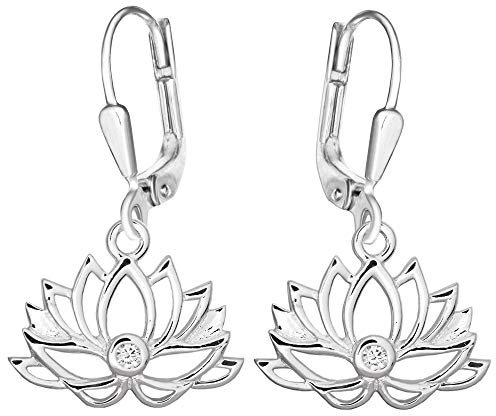 CLEVER SCHMUCK Silberne Lotusblüte Ohrringe 28mm als Damen Ohrhänger 11x17 mm Blume Blüte Lotus mit Zirkonia weiß glänzend STERLING SILBER 925 im Etui weiß